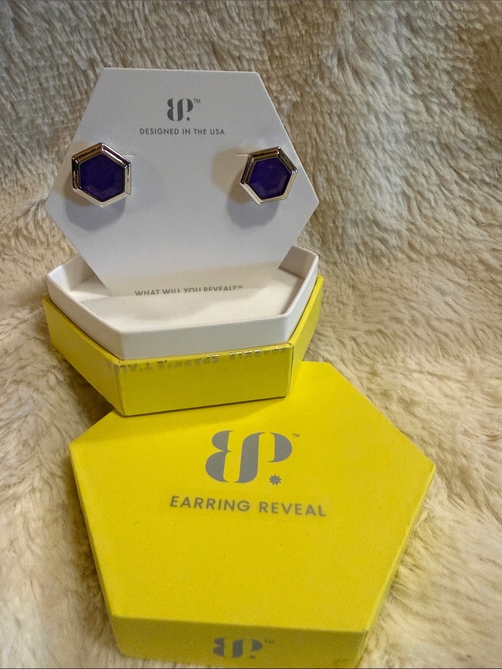 Earring Reveal Purple Hexagon Stud Earrings with Rhodium Trim